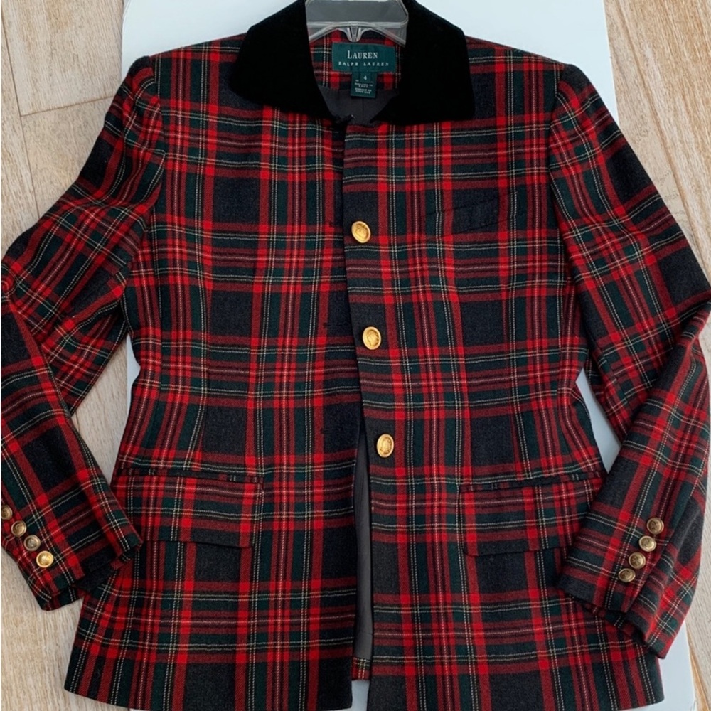 Ralph Lauren Holiday Vintage Tartan Plaid Red Jacket Gold w/ Black Velvet Collar - Picture 3 of 15